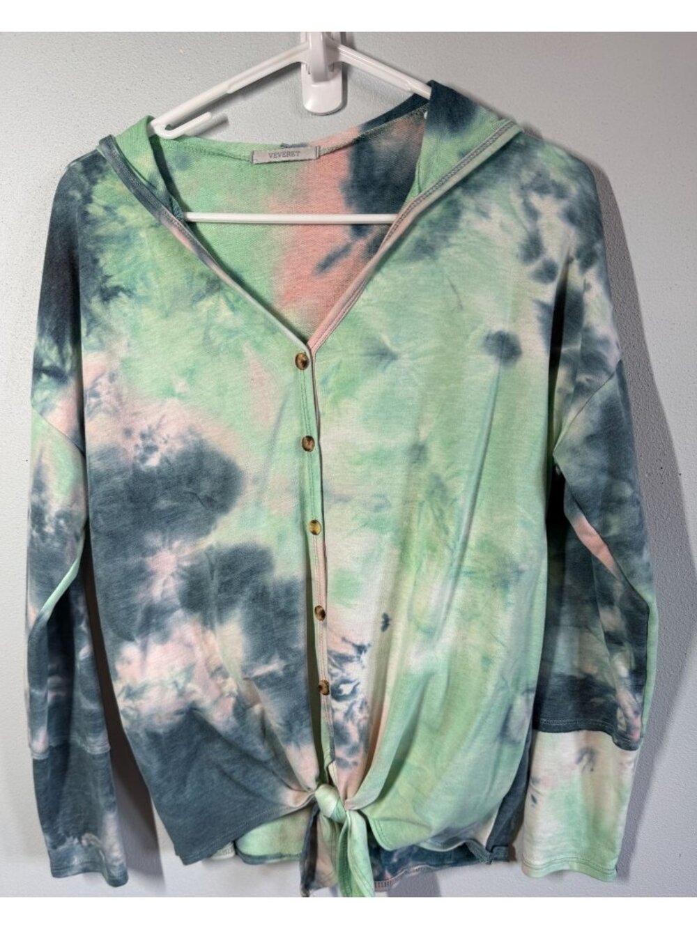 Veveret Womens Small Tie Dye Tie Front Hooded Sweatshirt Lightweight Festive